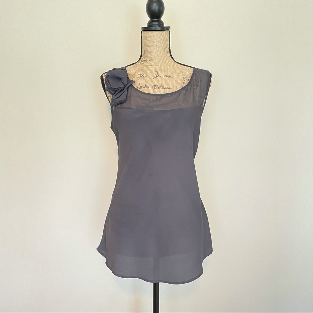 Navy Blue Chiffon Tank Top with Fabric Flower